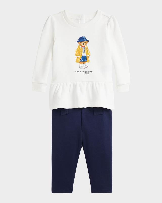 Girl's Magic Fleece Long-Sleeve Polo Bear Sweatshirt & Leggings Set, Size 3M-24